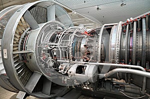 View on modern aircraft turbine cross section with different equpment, parts, components. Plane turbine blades