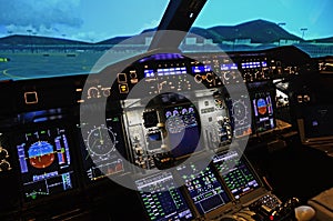View of a modern airplane cockpit. Airbus A380 cockpit. 06/06/2012 - Paris, France