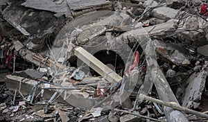 Modern destroyed building ruins closeup