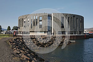 View on modern Hof Cultural and Conference Centre in downtown Akureyri city center in Iceland