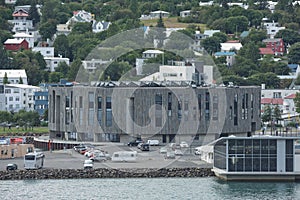 View on modern Hof Cultural and Conference Centre in downtown Akureyri city center in Iceland