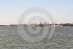 View on a modern industrial river- maritime port on the Danube river