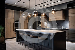 a view of a modern kitchen, with sleek lighting fixtures and minimalist lamps