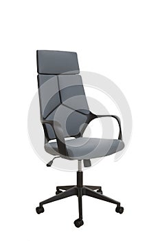 View of a modern office chair, made of black plastic, upholstered with blue-gray textile. Isolated on white background.