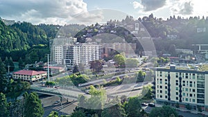 View of modern Portland State University dorms next to freeway 405 photo