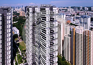 View of modern public residential housing by Singapore government in Queenstown neighbourhood. HDB development, skyscrapers