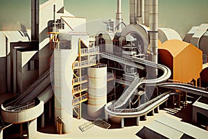 view of modern pulp and paper mill, with its maze of conveyor belts and pulping machines