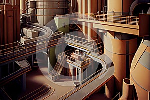 view of modern pulp and paper mill, with its maze of conveyor belts and pulping machines