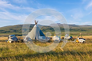 View of the modern reindeer herders camp. Yamal