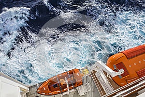 View of modern safety lifeboat carried by a cruise ship