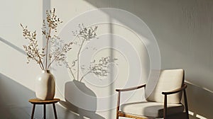 View of modern scandinavian style interior with chair and trendy vase, home staging concept