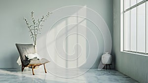 View of modern scandinavian style interior with chair and trendy vase, home staging concept