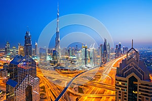 View on modern skyscrapers and busy evening highways in luxury Dubai city,Dubai,United Arab Emirates