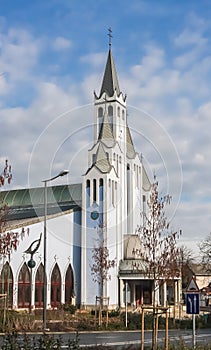 View of  Modern Szentlelek Holy Spirit church in Heviz Hungary with blue color