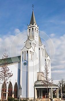 View of  Modern Szentlelek Holy Spirit church in Heviz Hungary with blue color