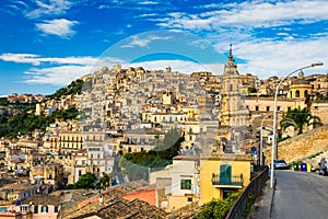 View of Modica, Sicily, Italy. Modica (Ragusa Province), view of the baroque town. Sicily, Italy. Ancient city Modica from above,