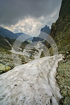 View of Modre pleso tarn in Dolina pod Sedielkom valley from Sedielko saddle in High Tatras mountains