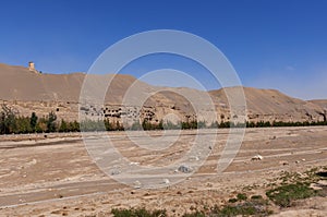 View of the Mogao Caves near the city of Dunhuang, in the Gansu Province