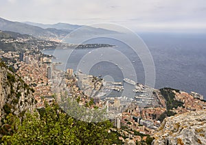 View of Monaco from the limestone outcrop, Tete de Chien, southeastern France.