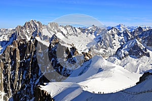 View of the Mont Blanc massif seen from the Aiguille du Midi. French Alps, Europe.