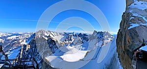 View of the Mont Blanc massif seen from the Aiguille du Midi. French Alps, Europe.