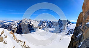 View of the Mont Blanc massif seen from the Aiguille du Midi. French Alps, Europe.