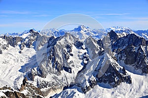 View of the Mont Blanc massif seen from the Aiguille du Midi. French Alps, Europe.