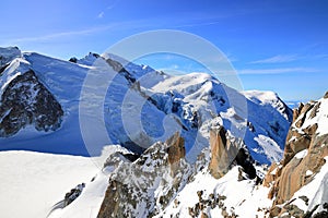 View of Mont Blanc seen from the Aiguille du Midi. French Alps, Europe.