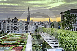 View of the Mont des Arts garden, and in the background the city center of Brussels. Belgium. Europe