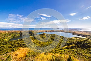 View from Mont Passot above the crater lake Lac Amparihibe and the Indian Ocean, Nosy Be, Madagascar