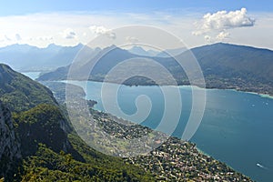 View from Mont Veyrier across Lake Annecy, Annecy, Haute-Savoie, France