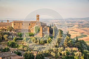 View of Montalcino, countryside landscape in the background, Tuscany Italy