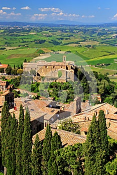 View of Montalcino town from the Fortress in Val d`Orcia, Tuscan