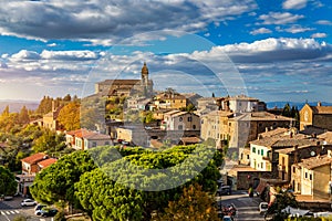 View of Montalcino town, Tuscany, Italy. Montalcino town takes its name from a variety of oak tree that once covered the terrain.