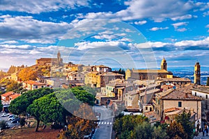 View of Montalcino town, Tuscany, Italy. Montalcino town takes its name from a variety of oak tree that once covered the terrain.