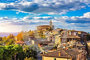 View of Montalcino town, Tuscany, Italy. Montalcino town takes its name from a variety of oak tree that once covered the terrain.