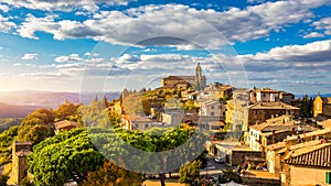 View of Montalcino town, Tuscany, Italy. Montalcino town takes its name from a variety of oak tree that once covered the terrain.