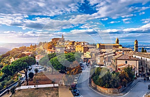 View of Montalcino town, Tuscany, Italy. Montalcino town takes its name from a variety of oak tree that once covered the terrain.