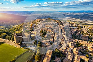 View of Montalcino town, Tuscany, Italy. The town takes its name from a variety of oak tree that once covered the terrain. View of