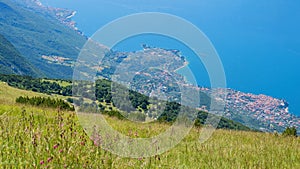 View from monte baldo mountain to garda lake coastline