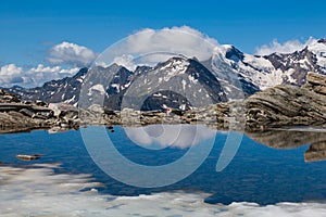 View of Monte Rosa from the pass Monte Moro Pass with beautiful lake Smeraldo photo