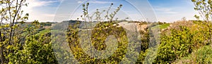 View of the Montefeltro hills in the Marche region of Italy