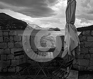 View of the Montenegrin coast. Tivat. Black and white