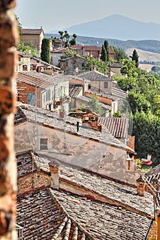 View on Montepulciano old city and volcano, Tuscany