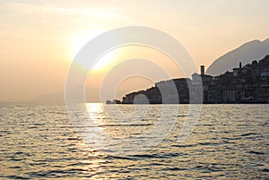 View of Montisola from a ferry during the sunset