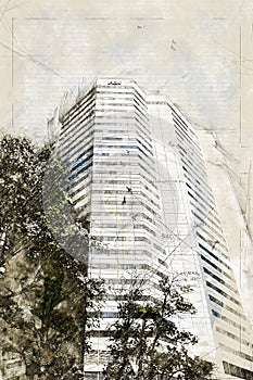 View of Montreal new AON modern building sketch on Robert Bourassa blv.