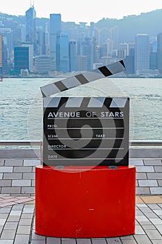 View on Monument of Avenue of Stars near the promenade. Skyline of Hongkong Island in background. Hong Kong, China