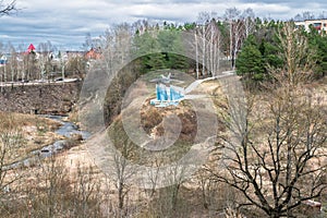 View of the monument Warplane MIG-17 and Holinka river valley in early spring. Rzhev, Tver region. photo