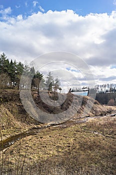 View of the monument Warplane MIG-17 and Holinka river valley in early spring. Rzhev, Tver region. photo