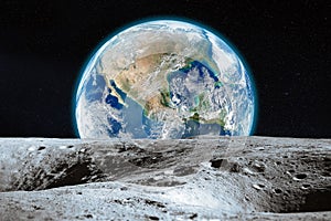 View from the Moon with craters on Earth in deep space. Moon and Earth. Elements of this image furnished by NASA